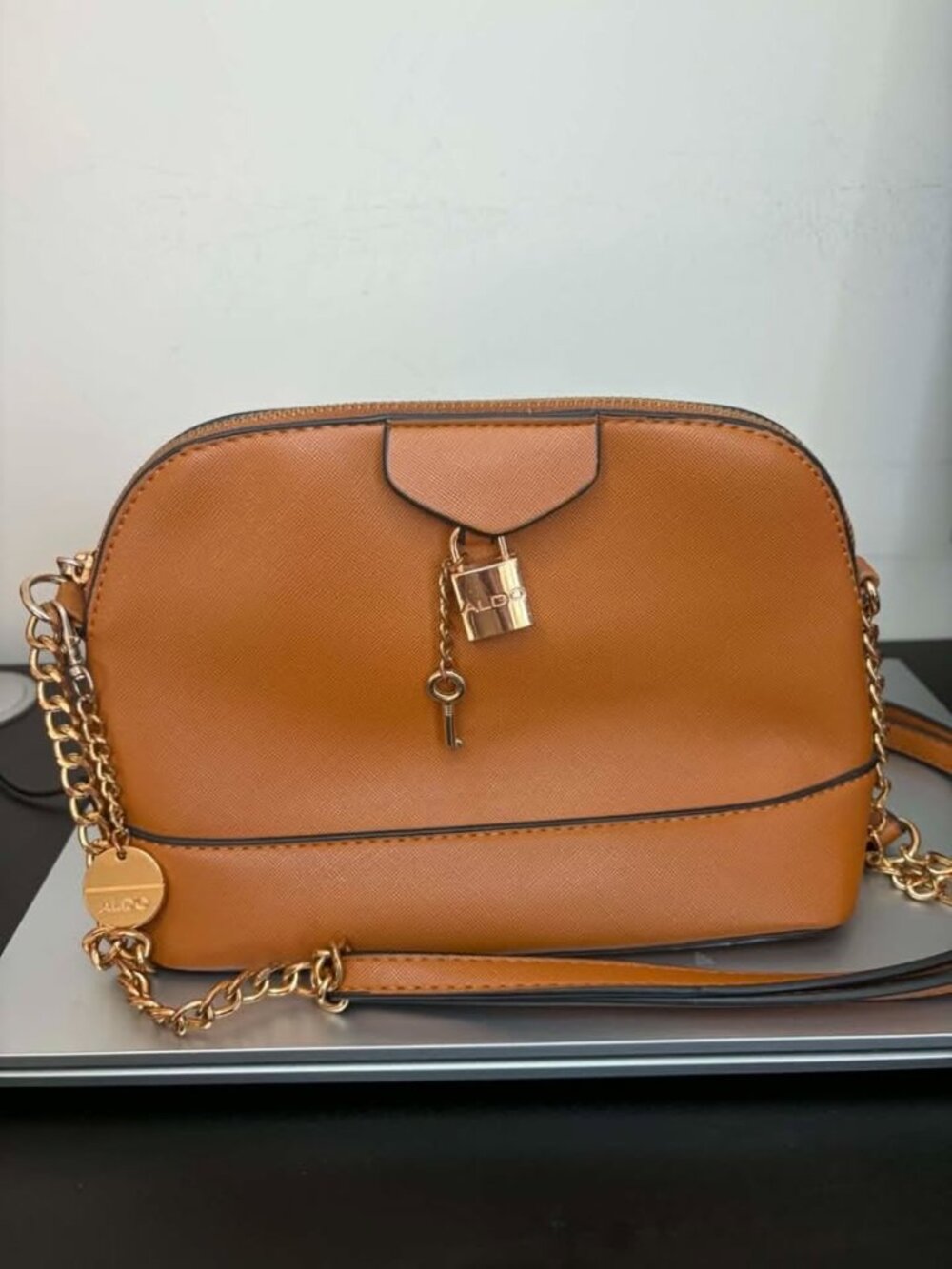 ALDO Cognac Crossbody Bag Gold Chain Strap Dome Purse